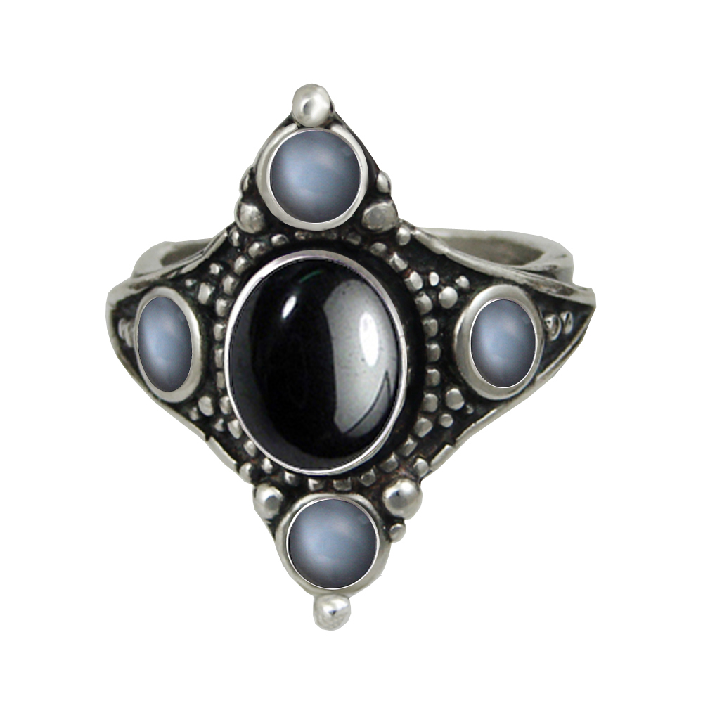 Sterling Silver Renaissance Queen's Ring With Hematite And Grey Moonstone Size 6 Sterling Silver Renaissance Queen's Ring With Hematite And Grey Moonstone Size 6